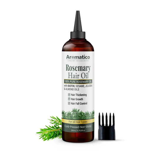 AROMATICO 100% Pure Rosemary Oil for Hair Growth Hair-fall Control & Hair Thickening. Enriched with Biotin Sesame Jojoba & Almond Oils. Non-Sticky Texture. With Applicator Caps 200ml