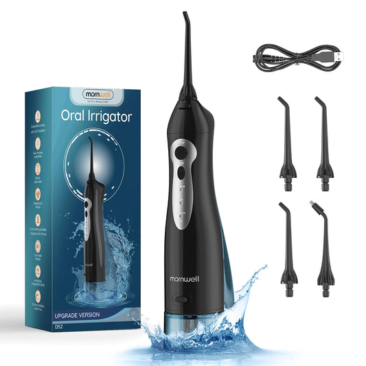 Mornwell Water Dental Flosser Teeth Pick for Teeth Portable Cordless Water Flossers Oral Irrigator with 10 Intensity 4 Jet Rechargeable IPX7 Waterproof Water Tank Flosser Electric Travel (Black D)