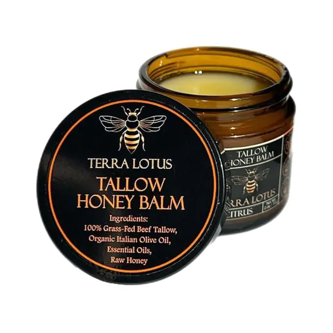 Terra Lotus - Organic Grass-Fed Beef Tallow Balm with Raw Honey - Moisturizing Cream for Soft Smooth Skin - Handmade All-Natural Moisturizer (2 Oz Unscented)